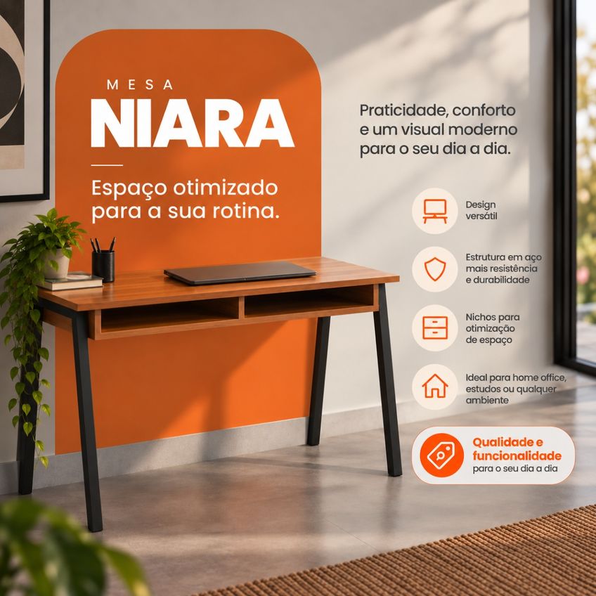 Mesa Escrivaninha Niara Com Nicho Home Office Preto/Canela 100cm - imagem 4