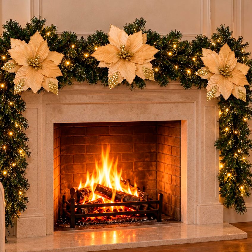 Flores Natalina Artificial Camurça Glitter Dourado 28cm 12 Peças - imagem 3