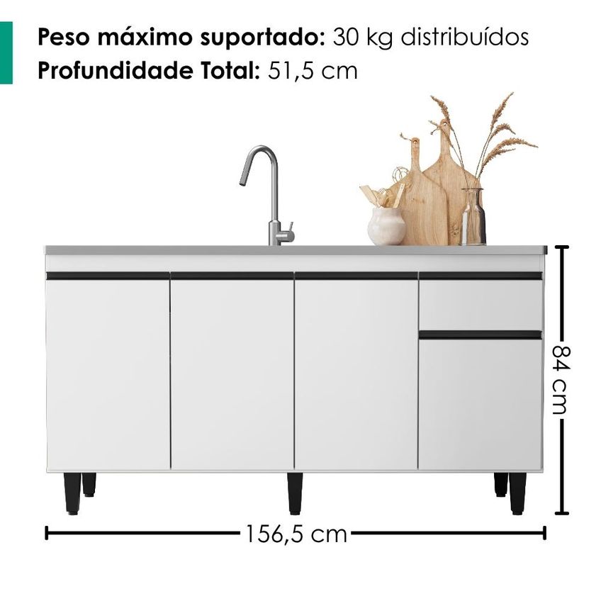 Balcão Para Pia 4 Portas 1 Gaveta 156 Cm Grécia Branco Rudk - imagem 3