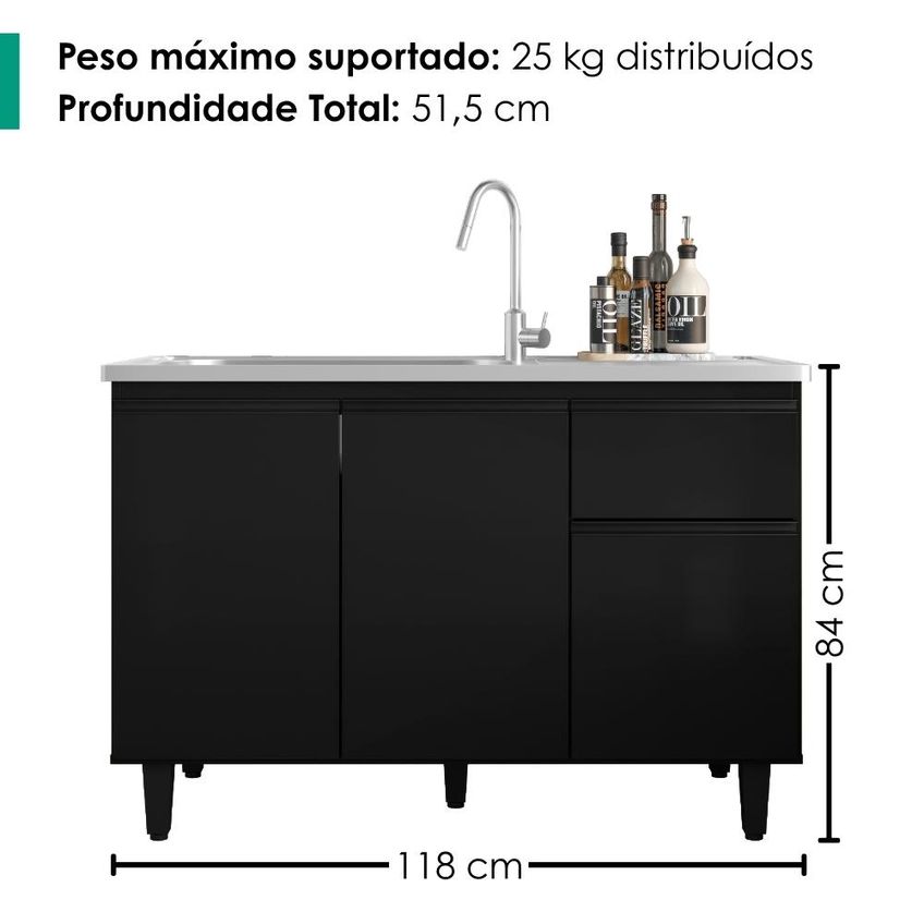 Balcão Para Pia 3 Portas 1 Gaveta 118 Cm Canadá Preto Rudk - imagem 3