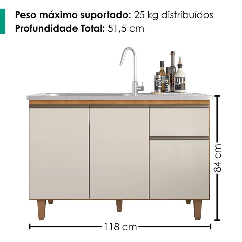 Balcão Para Pia 3 Portas 1 Gaveta 118 Cm Canadá Cedro Areia Rudk - imagem 3