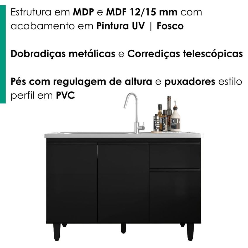 Balcão Para Pia 3 Portas 1 Gaveta 118 Cm Canadá Preto Rudk - imagem 5