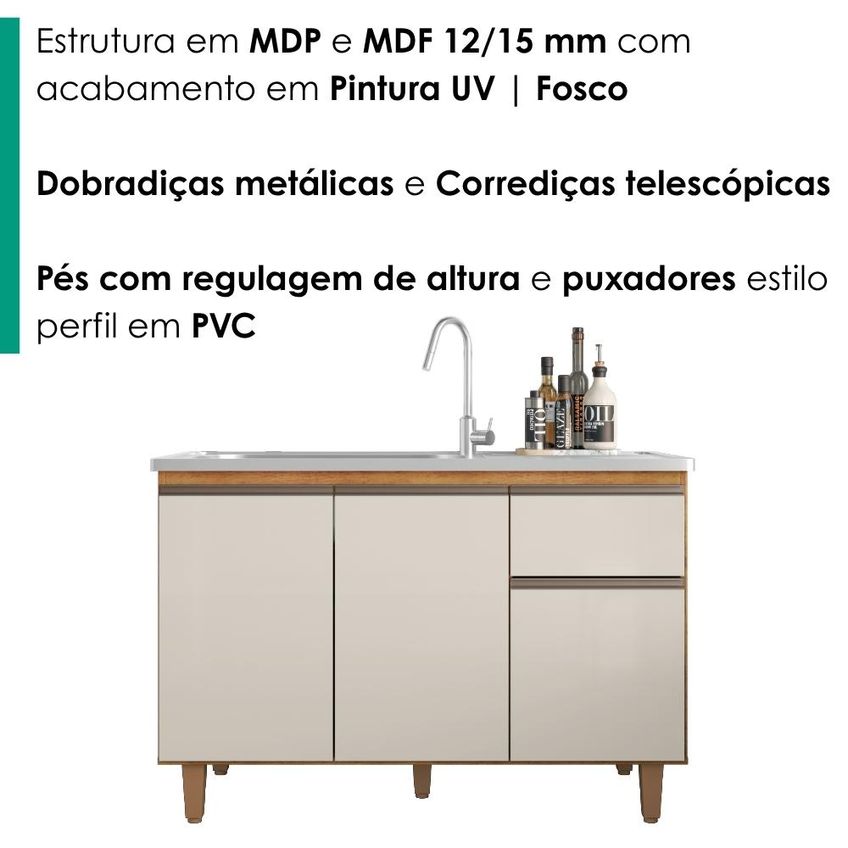 Balcão Para Pia 3 Portas 1 Gaveta 118 Cm Canadá Cedro Areia Rudk - imagem 5