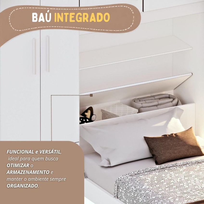 Guarda-roupa Infantil Juvenil Com Cama De Solteiro E Baú Advantage 4 Portas 3 Gavetas Branco Branco - imagem 5