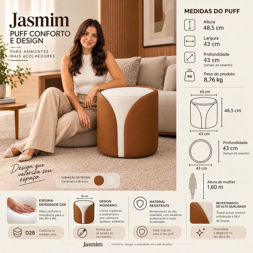 Puff Jasmim Decorativo Estofado Com Design Curvo E Detalhe Bicolor Caramelo / Branco Caramelo / Branco - imagem 3