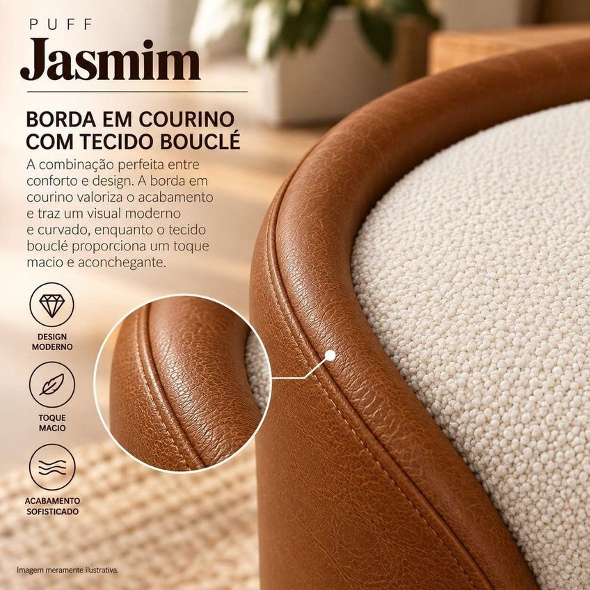 Puff Jasmim Decorativo Estofado Com Design Curvo E Detalhe Bicolor Caramelo / Branco Caramelo / Branco - imagem 4