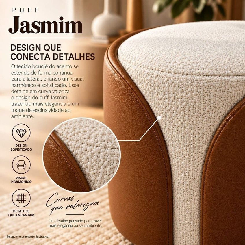 Puff Jasmim Decorativo Estofado Com Design Curvo E Detalhe Bicolor Caramelo / Branco Caramelo / Branco - imagem 5