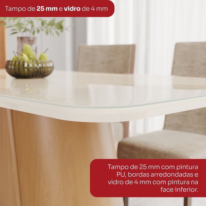 Mesa De Jantar 6 Lugares 180cm Tampo Mdf E Vidro Canto Arredondado Olivia Cinamomo/off White - imagem 4