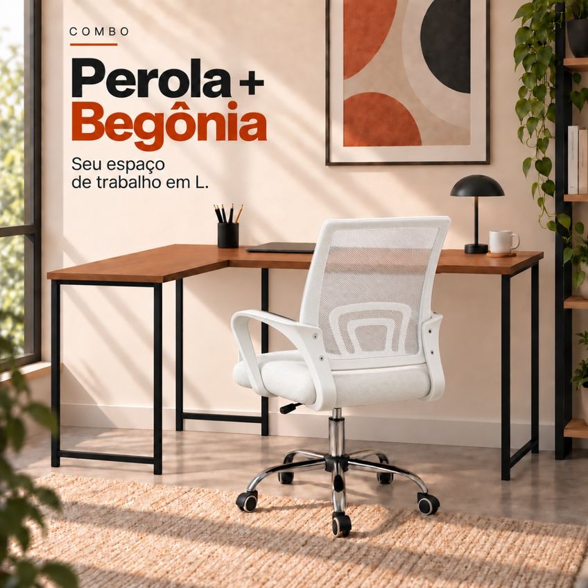 Conjunto De Escritório Mesa Pérola E Cadeira Begônia Mesh Branca - imagem 5