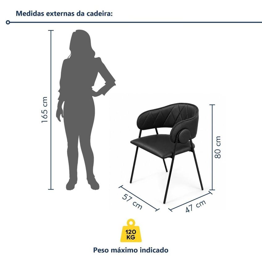 Kit 6 Cadeiras De Jantar Industrial Estofada Corino Preto Lara Preto - imagem 3