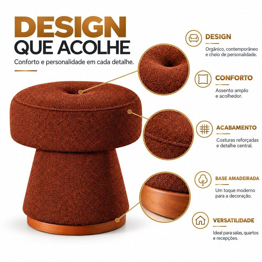 Puff Estofado Confortável Madeira Maciça Base Laminada Bloom Espresso Móveis Laranja - imagem 4