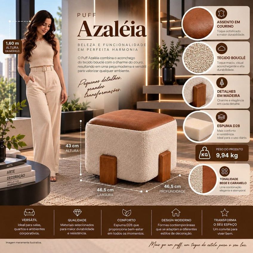 Puff Azaléia Decorativo Estofado Com Design Moderno E Base Em Madeira Bege / Caramelo - imagem 3