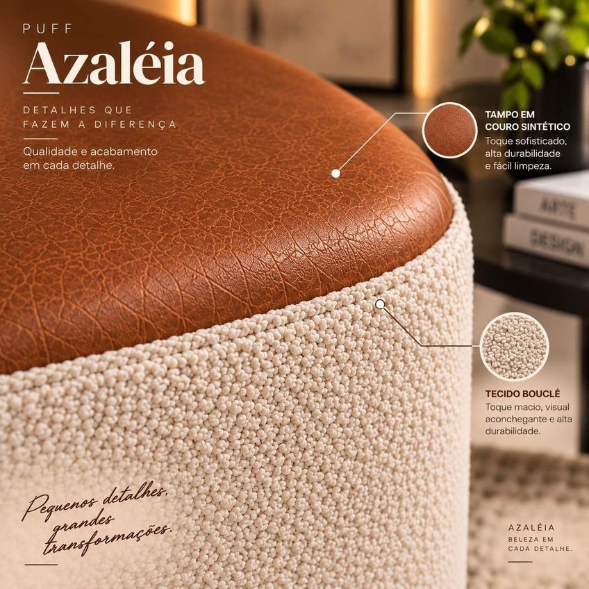 Puff Azaléia Decorativo Estofado Com Design Moderno E Base Em Madeira Bege / Caramelo - imagem 4