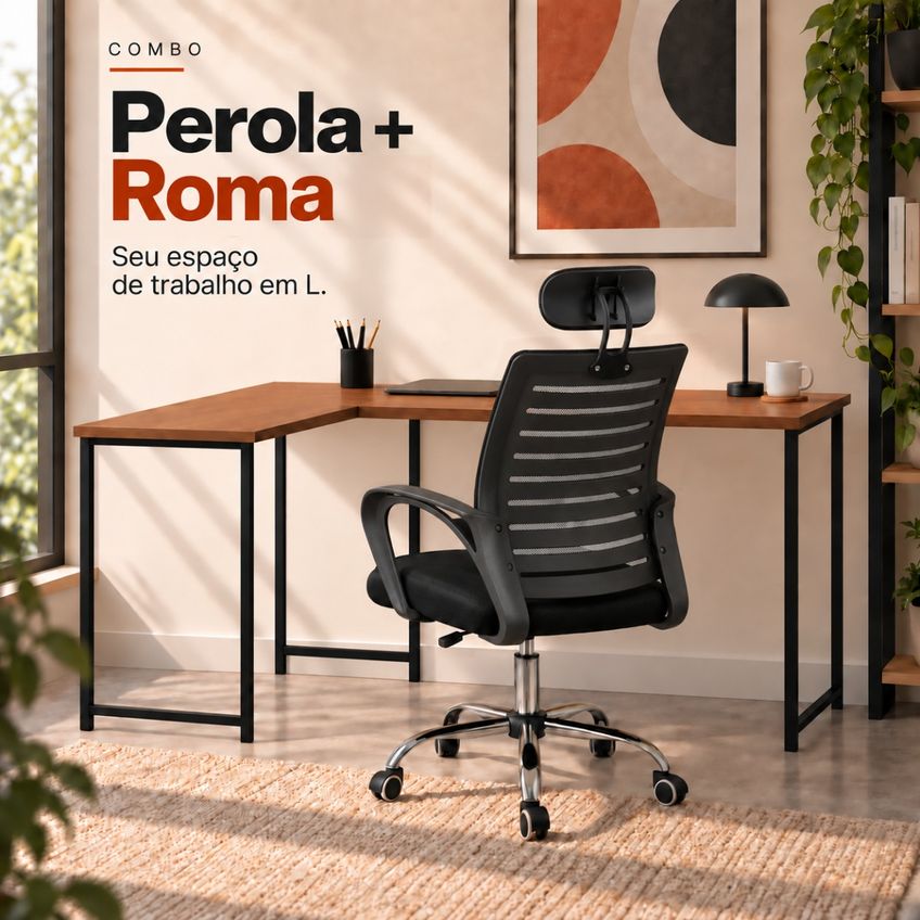 Conjunto De Escritório Mesa Pérola E Cadeira Diretor Roma Preto - imagem 4