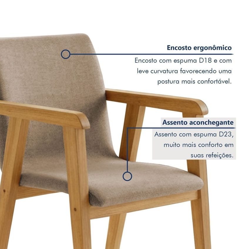 Kit 8 Cadeiras Com Braço Para Sala De Jantar Com Pés Madeira Maciça Flora Cinamomo/linho Bege - imagem 4
