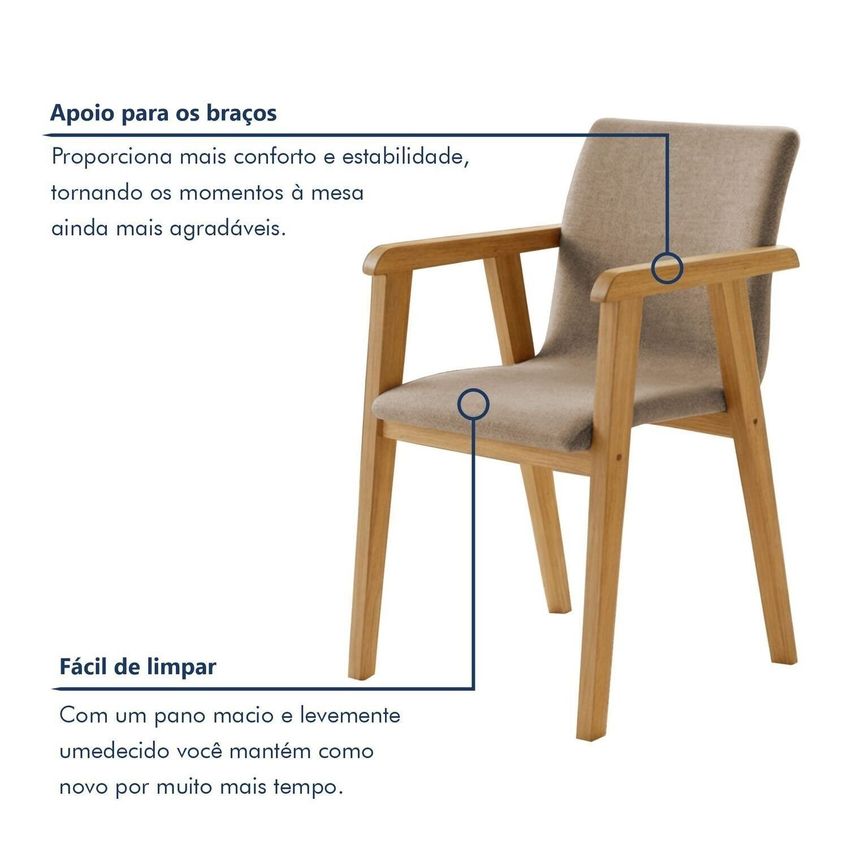 Kit 8 Cadeiras Com Braço Para Sala De Jantar Com Pés Madeira Maciça Flora Cinamomo/linho Bege - imagem 5