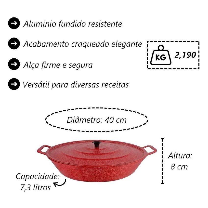 Frigideira Panela Alça De Alumínio Fundido Vermelha 40cm - imagem 3