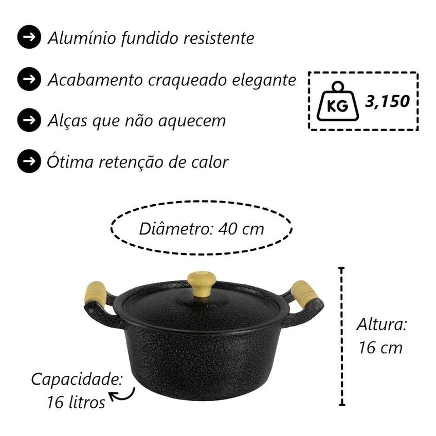 Caçarola Panela Reta De Alumínio Alça Madeira Preta 40cm - imagem 3