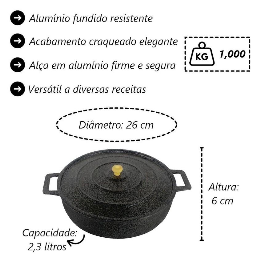 Frigideira Panela Alça De Alumínio Fundido Preta 26cm - imagem 3