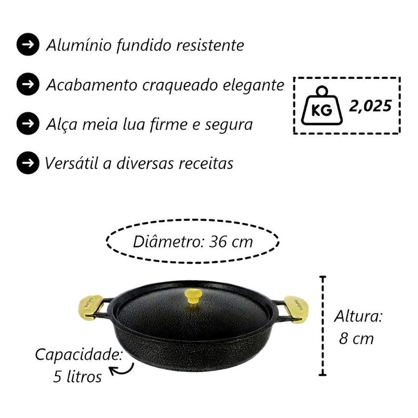 Frigideira Alumínio Fundido Alça Meia Lua Preta 36cm - imagem 3