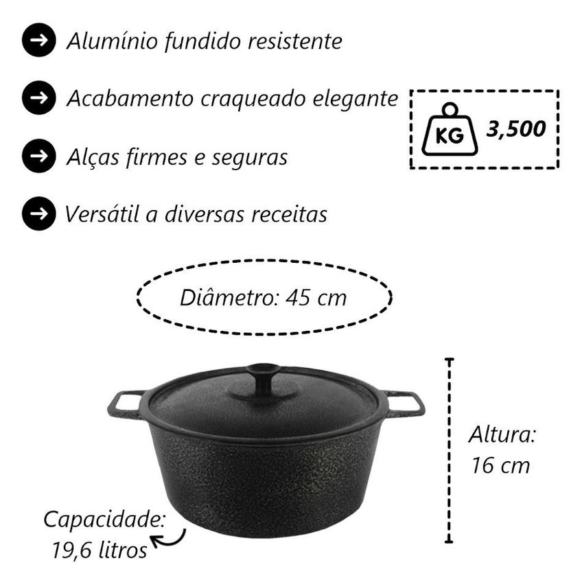 Caçarola Panela Alça Alumínio Fundido E Tampa Preta 45cm - imagem 3
