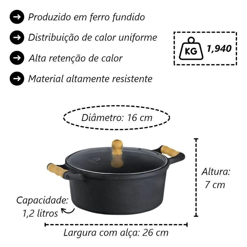 Jogo Caçarola Ferro Alça Madeira T/V 16 ao 32cm E Paneleiro - imagem 4