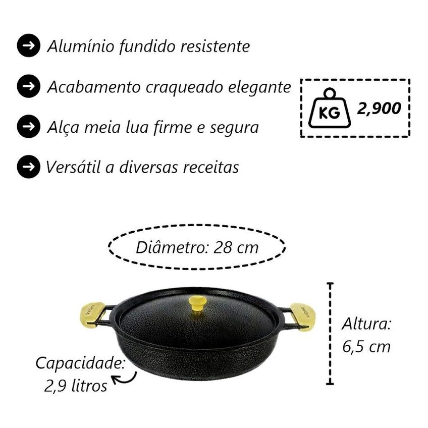Frigideira Alumínio Fundido Alça Meia Lua Preta 28cm - imagem 3
