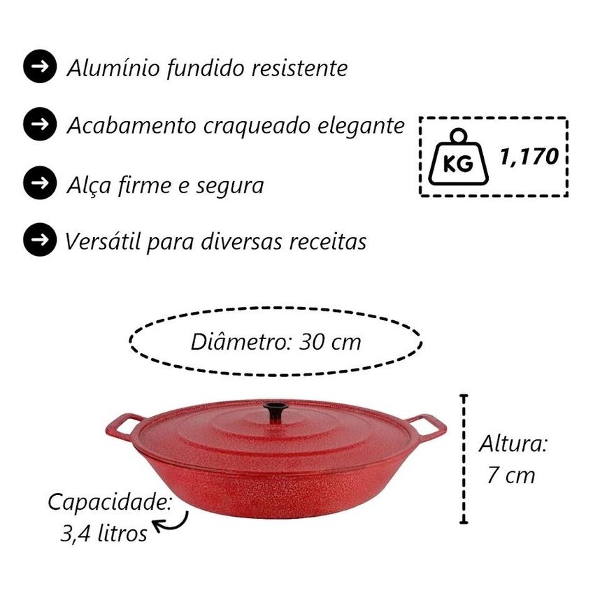Frigideira Panela Alça De Alumínio Fundido Vermelha 30cm - imagem 3