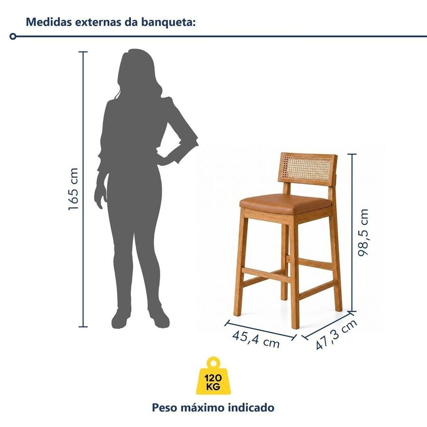 Kit 6 Banquetas Alta Com Encosto Em Rattan Assento Estofado E Base Em Madeira Maciça Essence Cinamomo/Caramelo - imagem 3