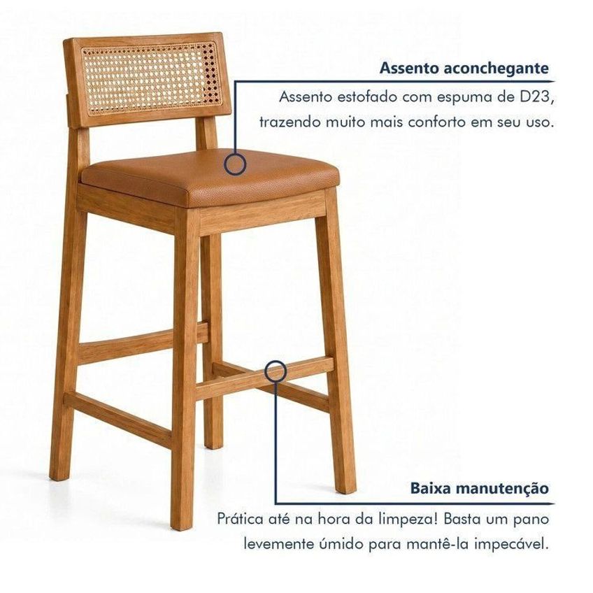 Kit 6 Banquetas Alta Com Encosto Em Rattan Assento Estofado E Base Em Madeira Maciça Essence Cinamomo/Caramelo - imagem 5