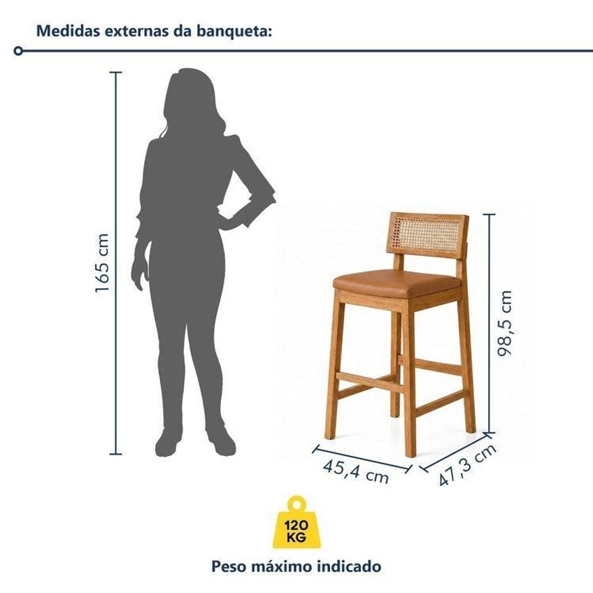Banqueta Alta Com Encosto Em Rattan Assento Estofado E Base Em Madeira Maciça Essence Cinamomo/Courino Caramelo - imagem 3
