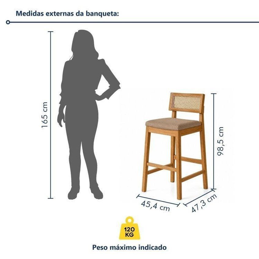 Kit 6 Banquetas Alta Com Encosto Em Rattan Assento Estofado E Base Em Madeira Maciça Essence Cinamomo/linho Bege - imagem 3