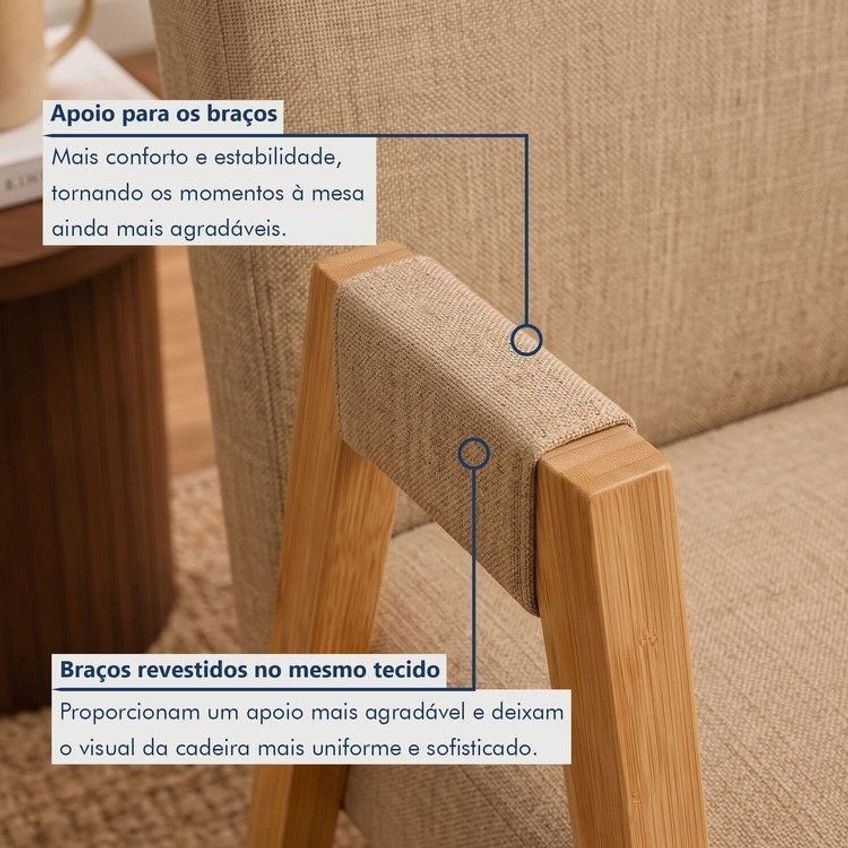 Kit 8 Cadeiras Com Braço Para Sala De Jantar Com Pés Madeira Maciça Isis Cinamomo/linho Bege - imagem 5