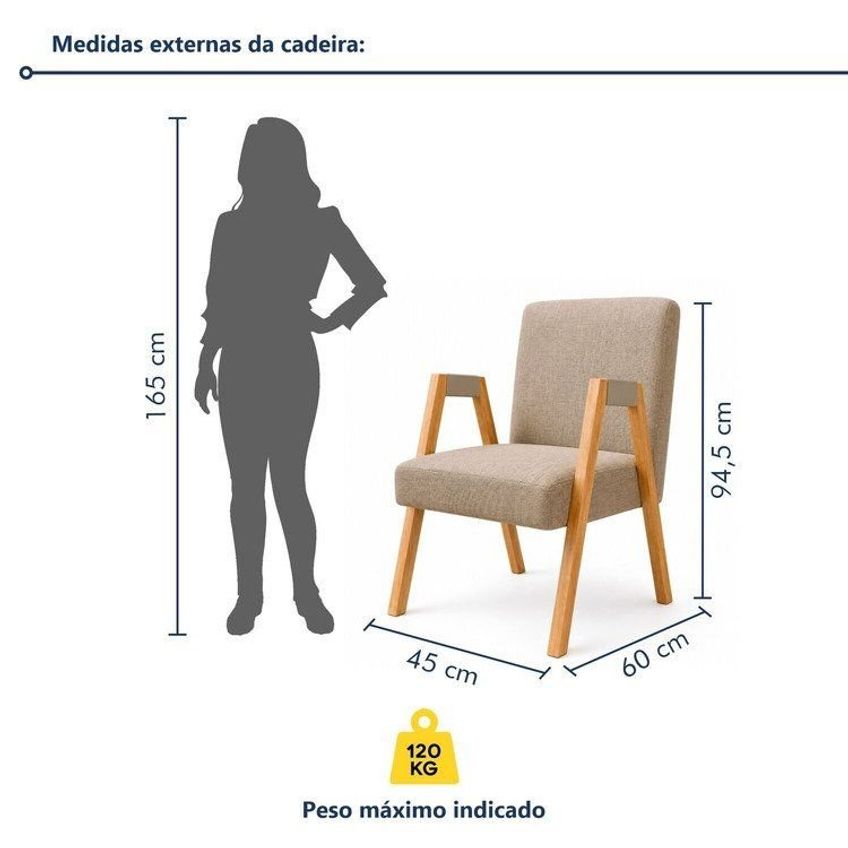 Kit 2 Cadeiras Com Braço Para Sala De Jantar Com Pés Madeira Maciça Isis Cinamomo/Linho Bege - imagem 3