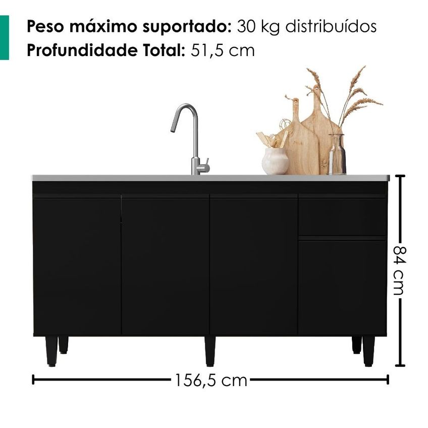 Balcão Para Pia 4 Portas 1 Gaveta 156 Cm Grécia Preto Rudk - imagem 3