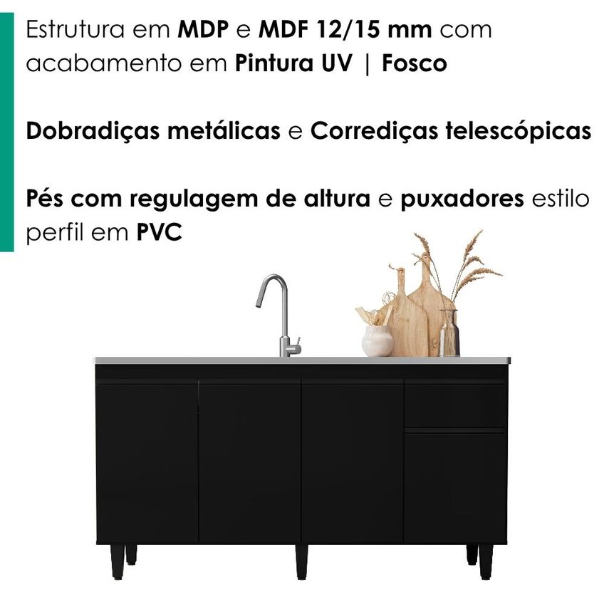 Balcão Para Pia 4 Portas 1 Gaveta 156 Cm Grécia Preto Rudk - imagem 5