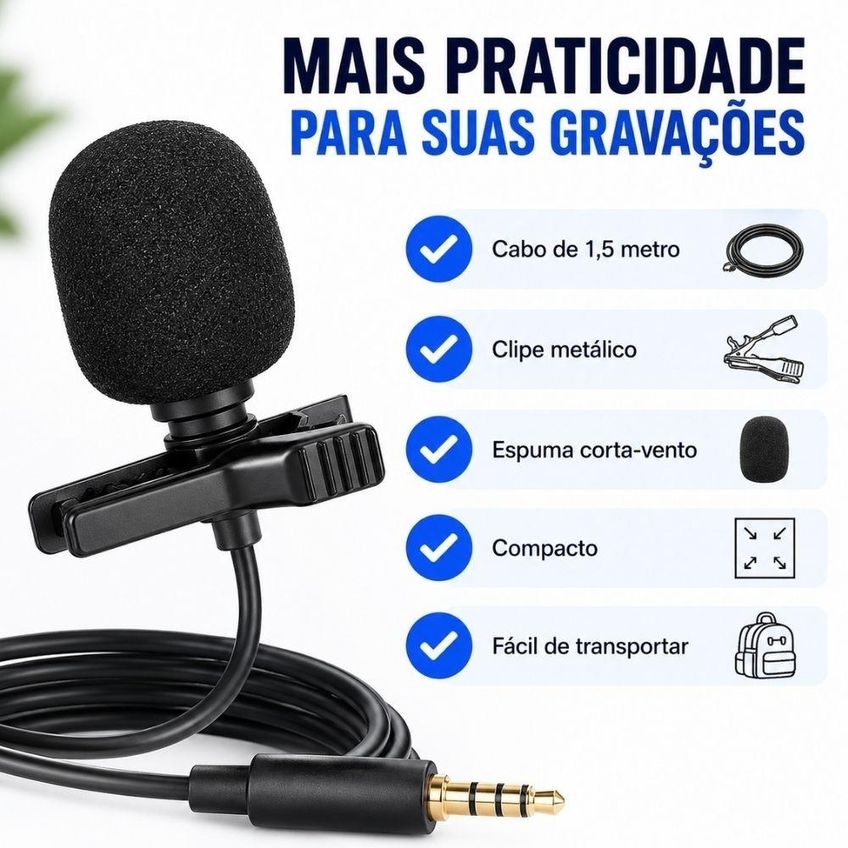 Microfone De Lapela P2 3,5 Mm Cabo 1,5 M Com Clipe Para Celular, Notebook, Câmera E Gravação De Áudio - imagem 4