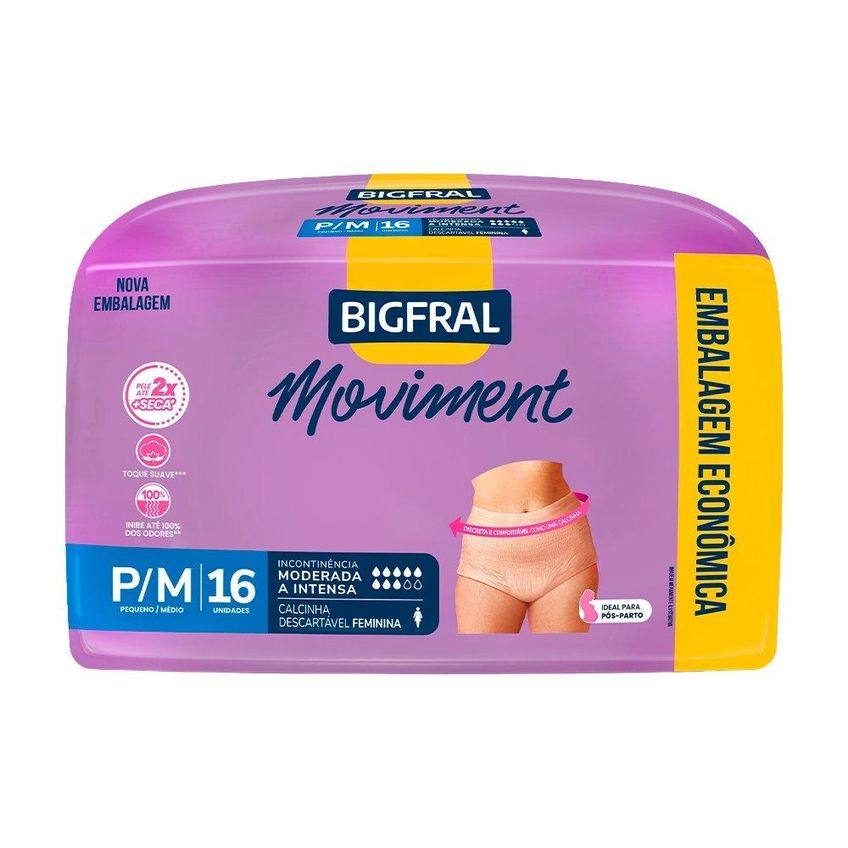 Roupa Íntima Descartável Adulto Feminina Bigfral Moviment - 4 Pacotes Com 16 Fraldas - Total 64 Tiras - imagem 2