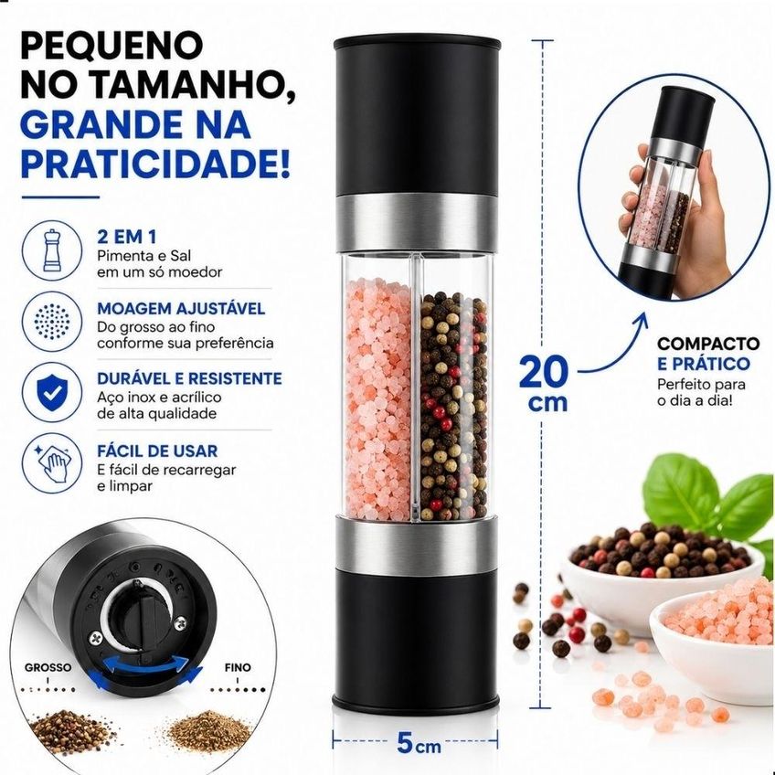 Moedor de Pimenta e Sal 2 em 1 Manual Aço Inox Triturador de Temperos - imagem 4