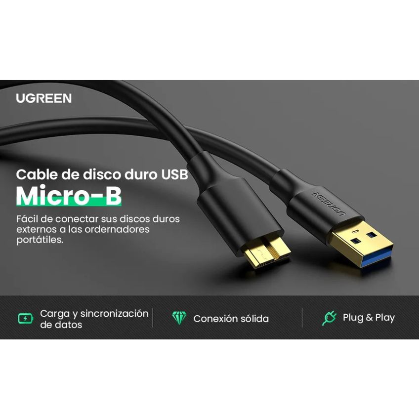 Cabo Ugreen USB 3.0 para Micro USB Tipo-B - 50cm Cor Preto - imagem 3