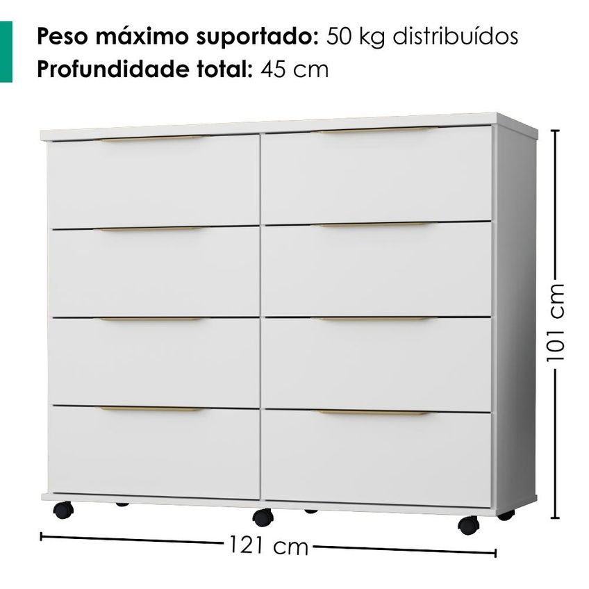 Comoda 8 Gavetas Com Rodizios 121 Cm Athenas Branco Rudk - imagem 3