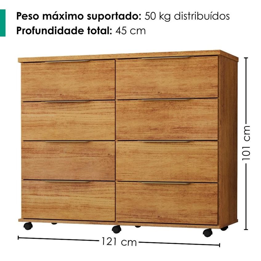 Comoda 8 Gavetas Com Rodizios 121 Cm Athenas Cedro Rudk - imagem 3