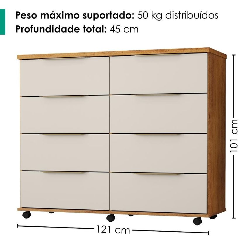 Comoda 8 Gavetas Com Rodizios 121 Cm Athenas Cedro Areia Rudk - imagem 3