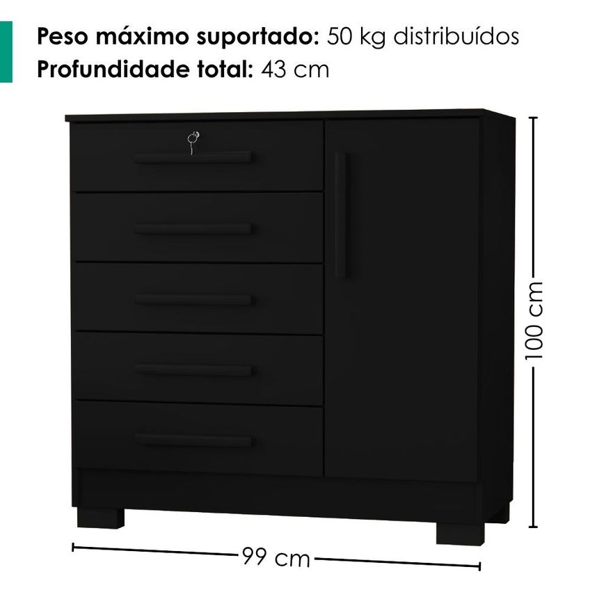 Comoda 5 Gavetas 1 Porta 99 Cm Vitoria Preto Rudk - imagem 3