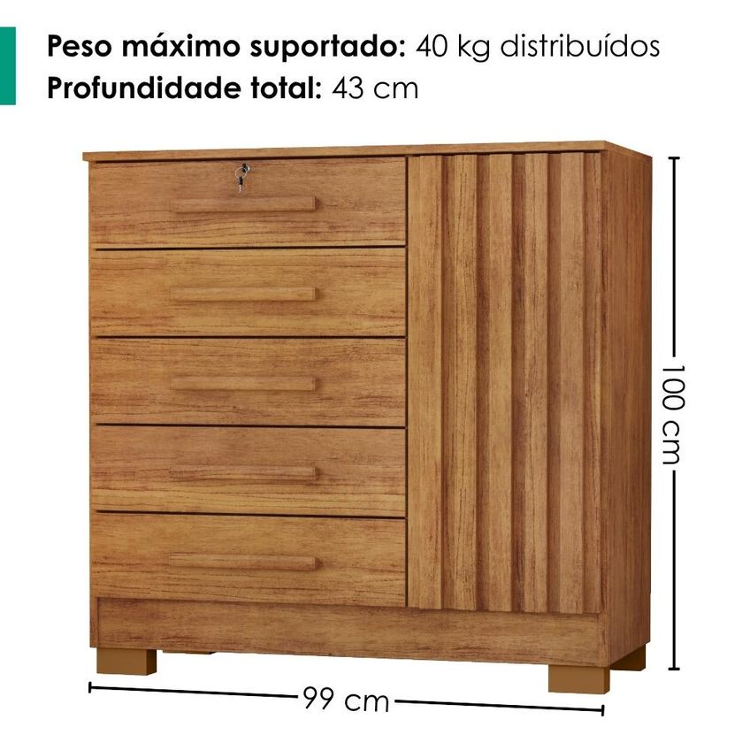 Comoda 5 Gavetas 1 Porta 99 Cm Mary Cedro Rudk - imagem 3