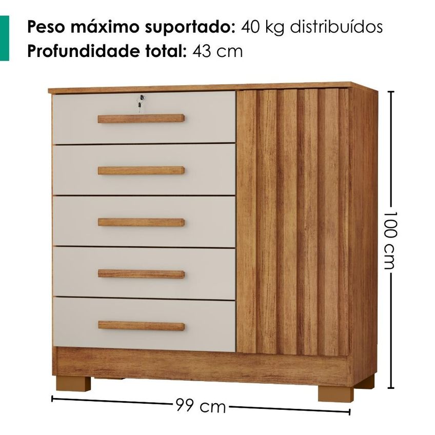 Cômoda 5 Gavetas 1 Porta 99 Cm Mary Cedro Areia Rudk - imagem 3