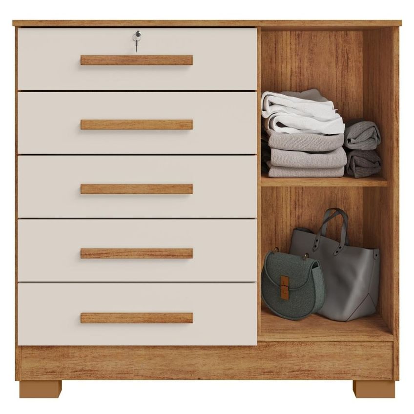 Cômoda 5 Gavetas 1 Porta 99 Cm Mary Cedro Areia Rudk - imagem 4