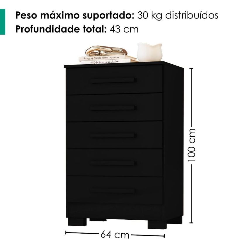 Comoda 5 Gavetas 64 Cm Paola Preto Rudk - imagem 3