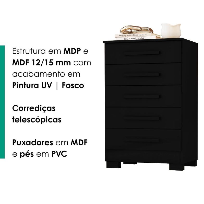 Comoda 5 Gavetas 64 Cm Paola Preto Rudk - imagem 5