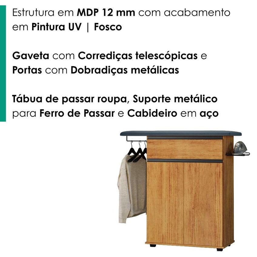 Tábua de Passar Roupa 1 Gaveta 2 Portas 97 Cm Conquista Cedro Rudk - imagem 5